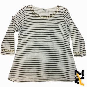 Vintage JM Collection Womens Top Size M White Blue Striped 3/4 Sleeves Pullover